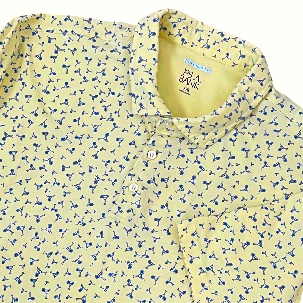 Jos. A. Bank Mens Polo Shirt XXL Yellow Martini Glass AOP Tailored Fit Cotton